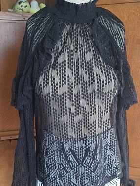 Black Sheer Lace Ruffle Mock Neck Blouse Top Gothic Romantic M
